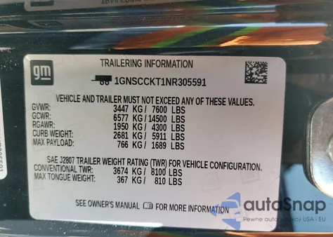 2022 Chevrolet Suburban C1500 Lt z USA, uszkodzony, nr VIN 1GNSCCKT1NR305591